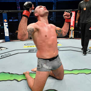 MMA拳手在八角籠中跪下，舉起拳頭慶祝勝利。 — 終極格鬥冠軍賽 壁紙