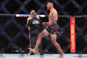 MMA拳手在八角籠內與裁判慶祝擊倒勝利。 — 運動 壁紙