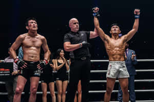 MMA拳手在裁判宣布他為勝者後高舉雙臂慶祝勝利。 — 運動 壁紙