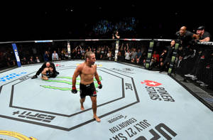 UFC拳手在八角籠中慶祝勝利，觀眾歡呼。 — 終極格鬥冠軍賽 壁紙