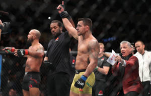 UFC拳手在八角籠內慶祝勝利，裁判和評論員作出反應。 — 勝利 壁紙