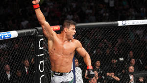 UFC拳手在八角籠內與觀眾歡呼中慶祝勝利。 — 運動 壁紙