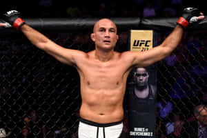 UFC拳手在八角籠內高舉雙臂慶祝勝利。 — 終極格鬥冠軍賽 壁紙