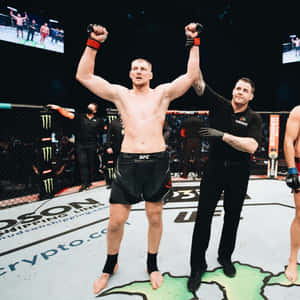 UFC拳手在八角籠中高舉雙臂慶祝勝利。 — 終極格鬥冠軍賽 壁紙