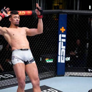 UFC拳手在八角籠內高舉雙臂慶祝勝利。 — 艾倫·沃克 GIF 壁紙