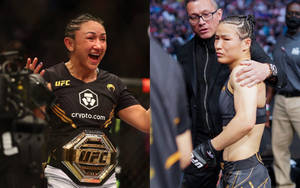 UFC拳手在勝利後手持冠軍腰帶，隊友被教練安慰。 — 酷 壁紙