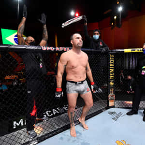 UFC拳手在八角籠中舉臂慶祝勝利。 — 終極格鬥冠軍賽 壁紙
