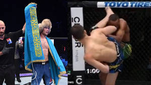 MMA戰士用國旗慶祝勝利，而另一位戰士在八角籠中搏鬥。 — 運動 壁紙