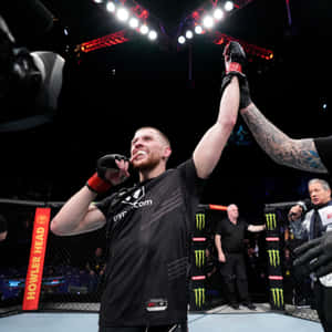 MMA拳手在八角籠內舉起手臂慶祝勝利。 — 終極格鬥冠軍賽 壁紙