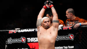 MMA拳手在UFC八角籠中高舉拳頭慶祝勝利。 — 桌面 壁紙