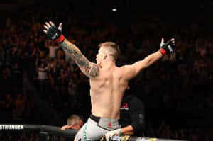 MMA拳手在八角籠中高舉雙臂慶祝勝利。 — 終極格鬥冠軍賽 壁紙