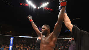 MMA 拳手在八角籠中慶祝勝利，裁判舉起他的手。 — 終極格鬥冠軍賽 壁紙