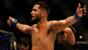 MMA拳手在八角籠中高舉雙臂慶祝勝利。 — 終極格鬥冠軍賽 壁紙
