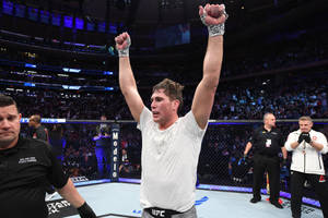 MMA拳手在UFC八角籠中高舉拳頭慶祝勝利。 — 運動 壁紙