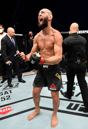 MMA選手在UFC八角籠中高舉雙臂慶祝勝利。 — 運動 壁紙