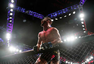 一名血跡斑斑的MMA選手在明亮的燈光下於八角籠內慶祝勝利。 — 運動 壁紙