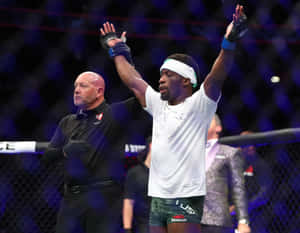 MMA選手在八角籠中高舉雙臂慶祝勝利。 — 終極格鬥冠軍賽 壁紙