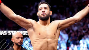MMA選手在八角籠中高舉雙臂慶祝勝利。 — 運動 壁紙