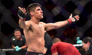 MMA拳手在八角籠內高舉雙臂慶祝勝利。 — 運動 壁紙