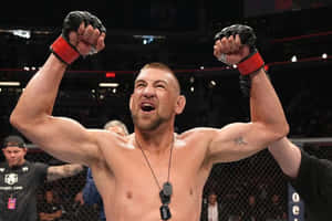 MMA拳手在八角籠內高舉拳頭慶祝勝利。 — 終極格鬥冠軍賽 壁紙