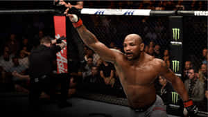 MMA選手在八角籠中慶祝勝利，人群歡呼。 — 終極格鬥冠軍賽 壁紙
