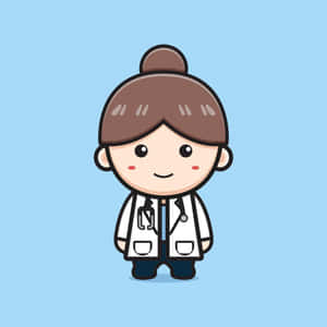 可愛的卡通女醫生戴著聽診器在藍色背景上微笑 — 喜悅 壁紙