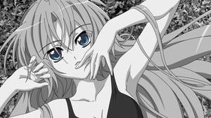 單色中躺在樹葉間的藍眼動漫女孩 — 白色百合花 壁紙