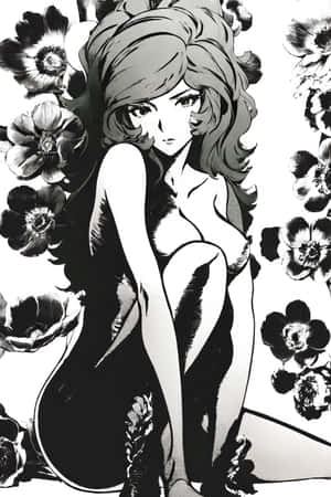 黑白插圖中被大花環繞的動漫少女 — 櫻島麻衣 壁紙