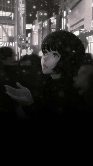 雪夜都市中伸出手的動畫風格少女 — 暗黑動漫風格GIF 壁紙