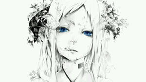 藍眼睛的動漫女孩，帶有黑白水彩風格的花卉裝飾。 — 美學白 壁紙