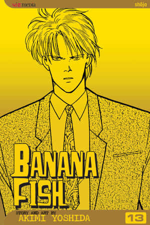 動畫角色穿著西裝，在黃色紋理背景上帶有「Banana Fish」標題。 — 香蕉魚 壁紙