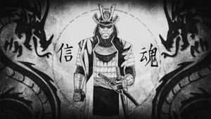 穿著盔甲的武士，兩側有龍和漢字。 — 鬼殺隊 善逸 壁紙