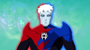 一位嚴肅的白髮動漫超級英雄，身穿紅藍套裝，站在宇宙綠色背景前。 — 綠光戰警 壁紙