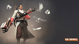 一個遊戲角色手持火焰噴射器，白鴿在他周圍飛翔。 — Tf2 壁紙
