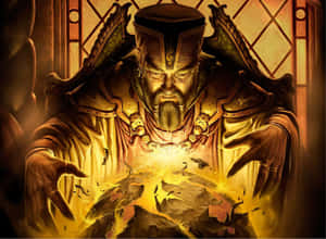 一位強大的巫師在黑暗的房間中從發光的球體引導火焰魔法。 — 魔法動圖 壁紙