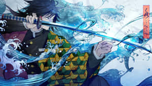 動漫戰士以劍劈開旋轉的藍色水流，專注力極強。 — 鬼殺隊 善逸 壁紙