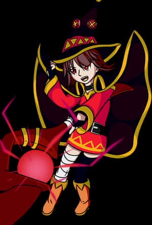 動漫女巫施展帶有發光能量的粉紅色魔法咒語。