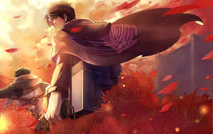 動漫戰士身穿紅色斗篷，站在火紅的夕陽下，花瓣飄落。 — 艾連·葉卡 GIF 壁紙