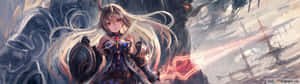 動漫戰士在戰艦和烏雲的戰鬥場景中手持發光劍。 — 32:9 壁紙