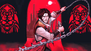 在暗紅色惡魔房間中手持帶刺鎖鏈的動漫戰士。 — 城堡動畫 壁紙