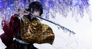 動漫角色在紫色紫藤花下揮劍。 — 鬼殺隊 善逸 壁紙