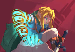 動漫英雄手持發光護手和劍跪在紅色背景中 — 薩爾達傳說 � Breath of the Wild 壁紙