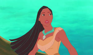 動畫中的美洲原住民公主在獨木舟上，帶著堅定的表情向上看。 — Pocahontas 壁紙