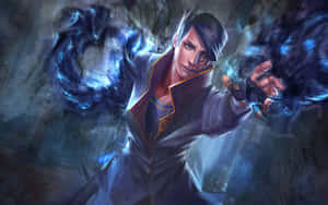 動畫法師在暴風雨環境中以強烈表情施展藍色魔法。 — 電玩遊戲 GIF 壁紙
