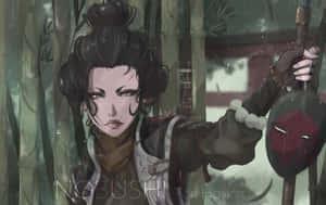 武士在竹林中手持劍和頭盔，雨中佇立。 — 電玩遊戲 GIF 壁紙