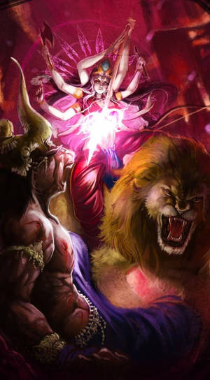 神話戰鬥中，女神運用能量對抗獅子和惡魔。 — Maa Durga 壁紙