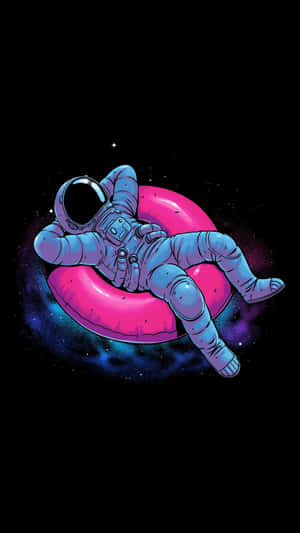 太空人在太空中漂浮在一個粉紅色充氣圈上，周圍環繞著星星。 — 美學動漫手機 壁紙