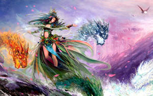 在超現實的山景中揮舞火與冰魔法的奇幻女神。 — 水龍 壁紙