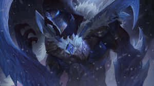 幻想戰士，擁有冰翼和發光盔甲，站在雪夜中。 — 冬季風景 壁紙