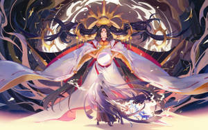 身著飄逸長袍的動漫女神，手持被宇宙能量和金色環包圍的發光球體。